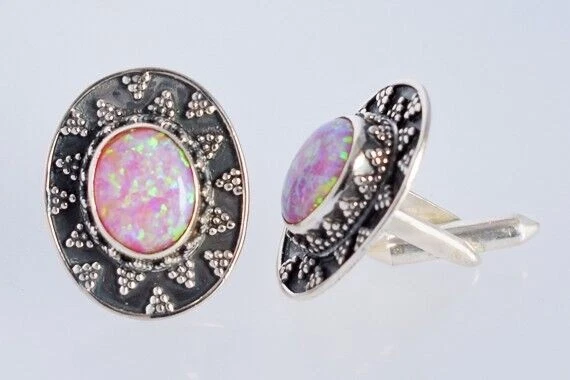 Gemelli ovali in argento sterling 925 con pietra preziosa opale di fuoco... - Immagine 4 di 4