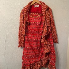 Vtg 1970s Mollie Parnis Womens XS Floral Paisley Ruffle Skirt Tie Top 3 Pc Set