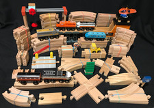 Lot of Thomas Train / Brio Compatible- 95 Wooden Track Pieces, 6 Cars, Heliport