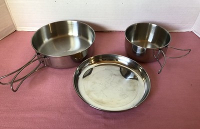 Vtg Coleman Peak 1 Stainless 3 Piece Cooking Set Folding Handles Camping Outdoor