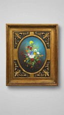 Tableau bouquet de fleurs ovale cadre bois doré style Napoléon III vintage
