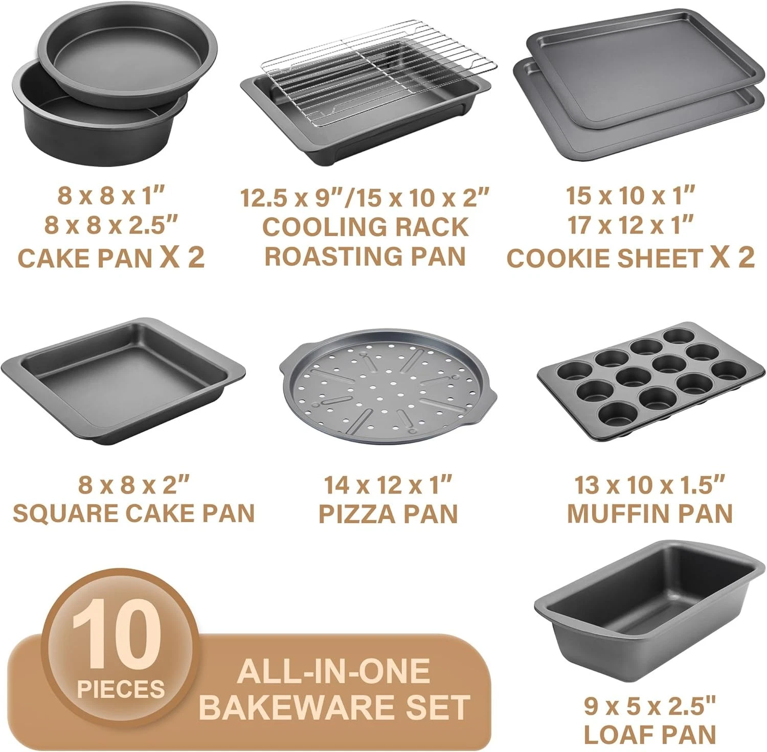 10 Pieces Baking Pans Set Nonstick Oven Pan for Kitchen with Wider Grips Grey