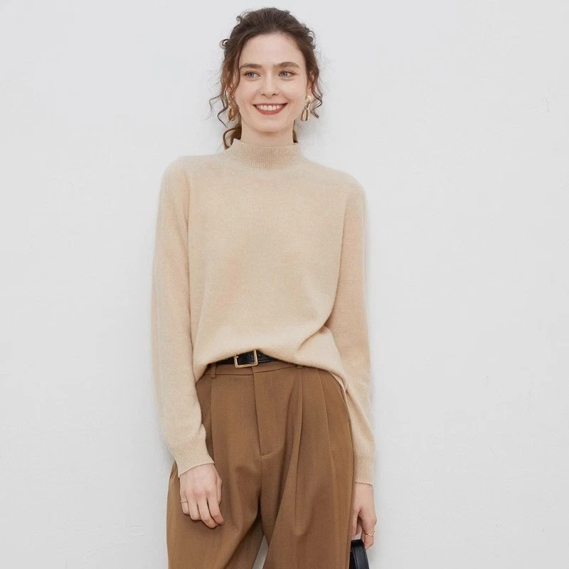 2025 Mujeres Cuello Alto Grueso Lana Suéter Cachemira Tejido Suéter Suelto Suéter Foto 2 de 4