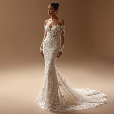 Mermaid Wedding Dresses Sweet Full Sleeve Applique Lace Court Train Bridal Gown