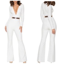 House Of CB Catalin White Flared Jumpsuit Size XS Long Sleeve Bridal 70s Stretch