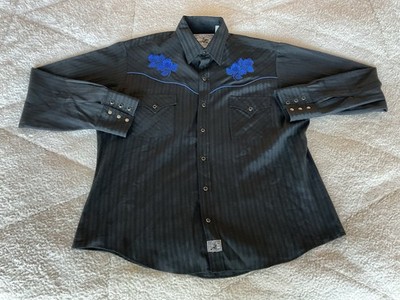 Ely Cattleman Shirt Black Western Pearl Snap Embroidered Blue Roses Floral Large