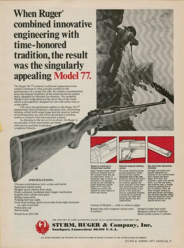 1977 Sturm Ruger Model 77 Center Fire Rifle Superior Firearm Vintage Print Ad