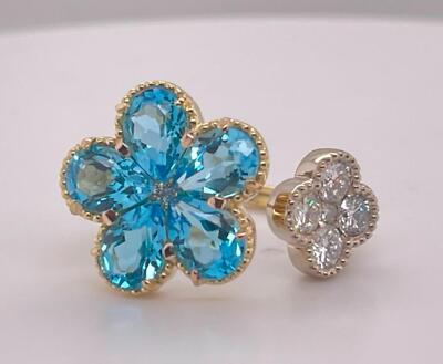 Doppel Blume Kleeblatt Birnenform Blautopas & Diamant 18K 2-Tone Gold Ring