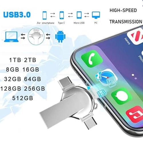 4 in 1 USB 3.0 Flash Drive 256GB Memory Stick Pen Drive Large Storage 512G Metal