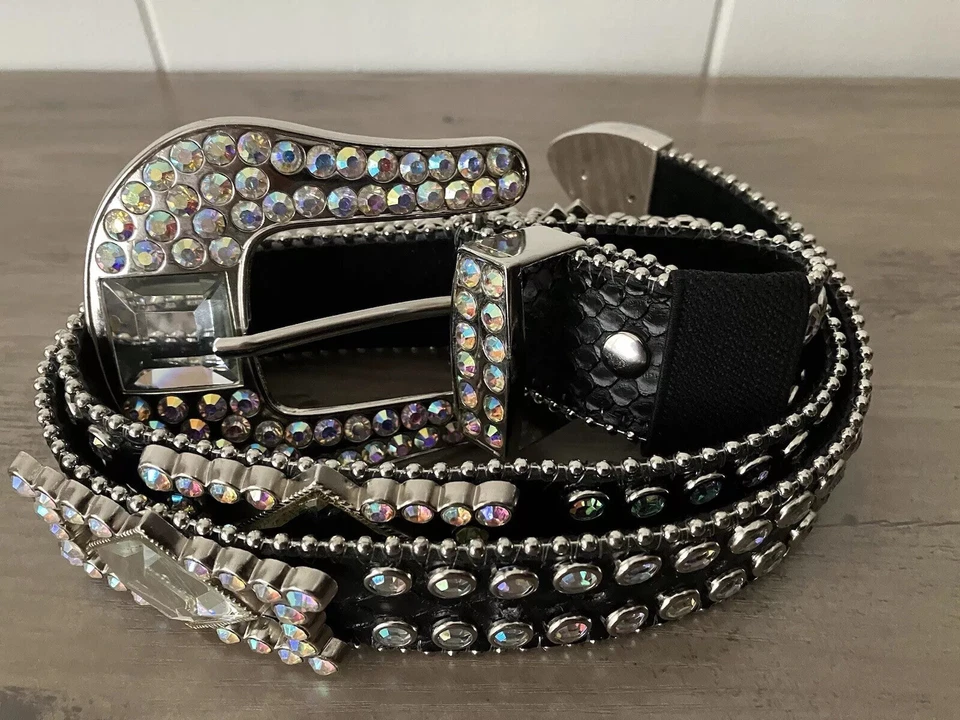 "Cinturón de cuero cuadrados triángulo cristales glamurosos Nocona Western para mujer M 32"" vaquera" Foto 2 de 4