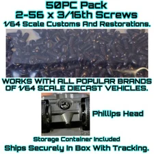 50PC Black 3/16th 2-56 Screw FOR 1/64 Scale Custom Restoration Hot Wheel & Other