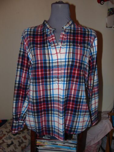 LANDS' END PLAID FLANNEL SHIRT PETITE MEDIUM Red White LONG SLEEVE PM Cotton M - Picture 1 of 6