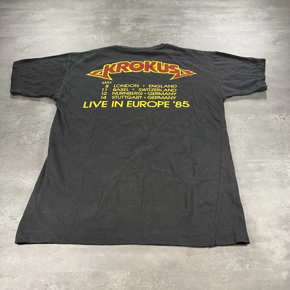 True Vintage 80s Krokus Shirt Adult S Crop Black Pinup Faded Single Stitch Band - Image 4 of 4