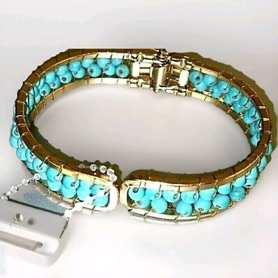 ELLY PRESTON OLIVIA BRACELET HINGED 8'' TURQUOISE BEADS GOLDTONE New With Tags 