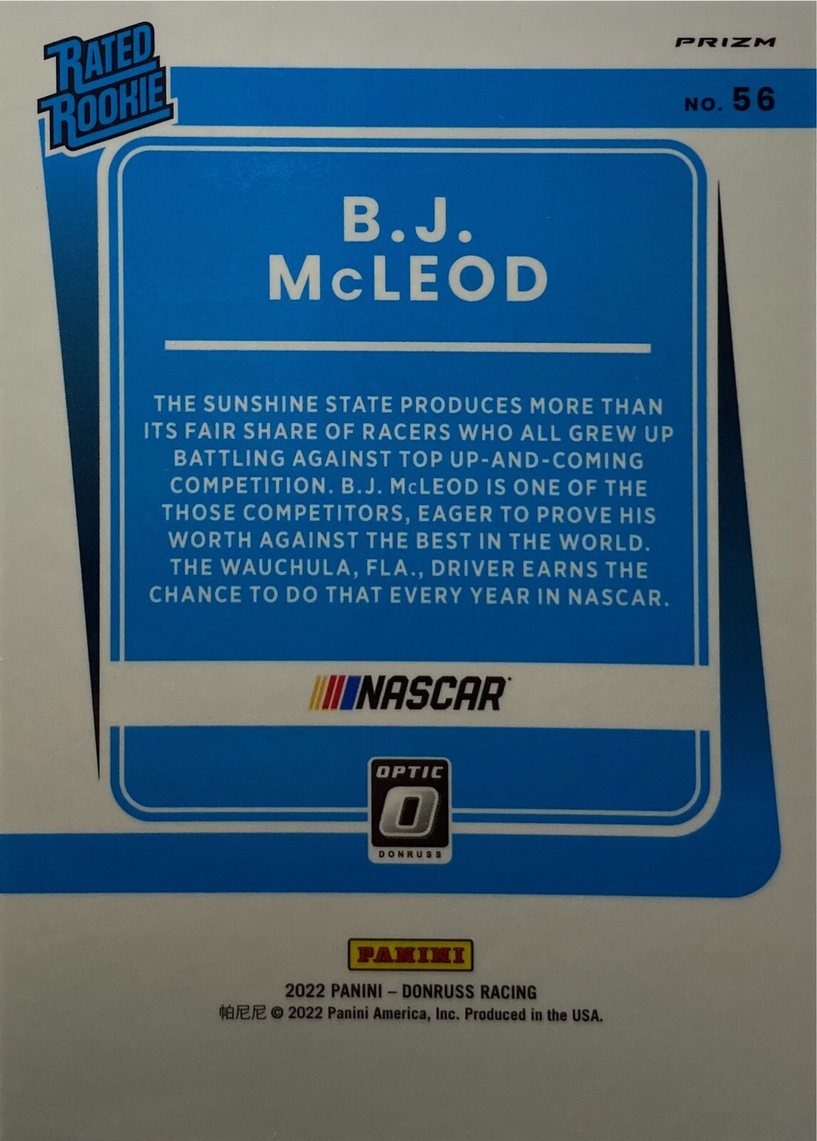 2022 Donruss Optic Rated RC #56 BJ McLeod Prizm Lime Green Pulsar Nascar Racing