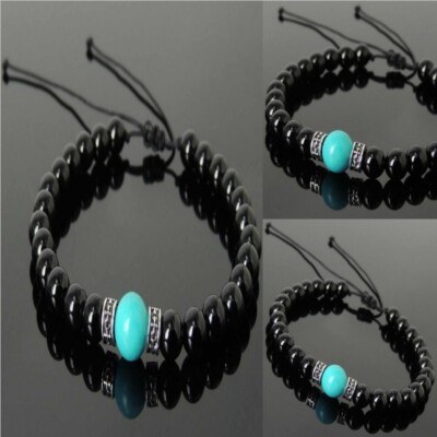 6mm Male woven bracelet with black onyx turquoise 925 silver gasket Formal Zen