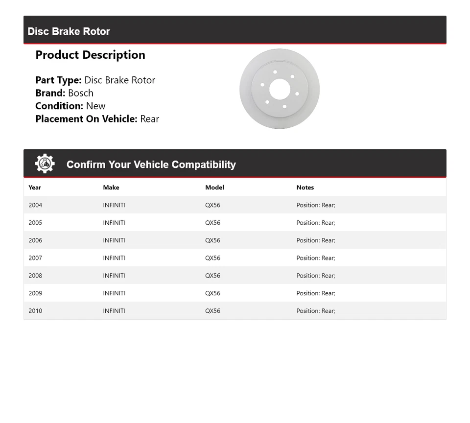 For 2004-2010 INFINITI QX56 Bosch QuietCast Disc Brake Rotor Rear 2005 2006 2007 - Изображение 2 из 4