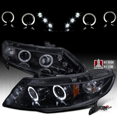 Fit 2006-2011 Honda Civic 4Dr Sedan Black Smoke LED Halo Projector Headlights