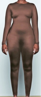 SKIMS All-In-One Scoop Neck Long Sleeve Cat Suit Jumpsuit Brown