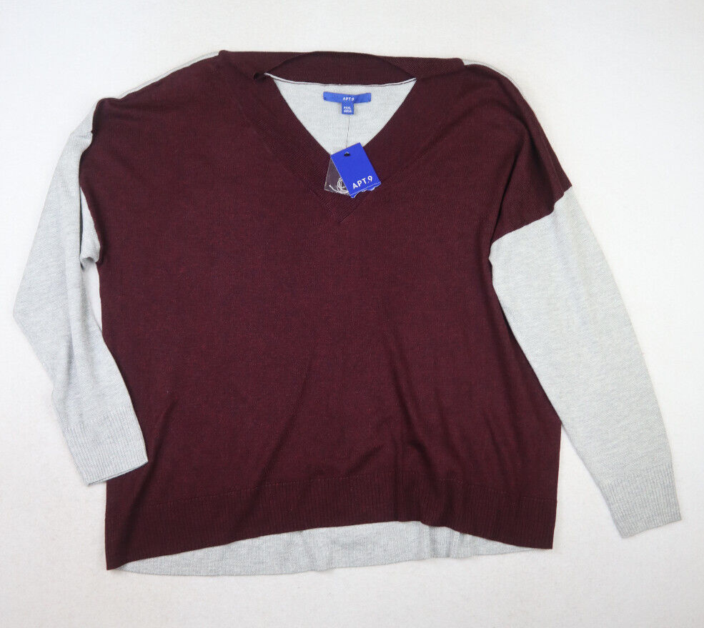 WOMEN'S MAROON GRAY V-NECK PULLOVER SWEATER SIZE PXXL