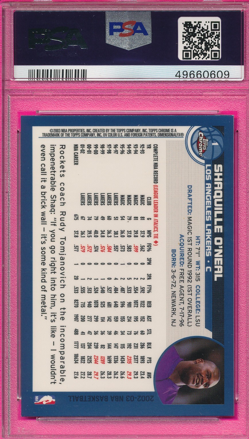 SHAQ LOT 2) PSA 9 MINT SHAQUILLE ONEAL HOF 2002 TOPPS CHROME #1 GRADED NBA TPHLC view 3