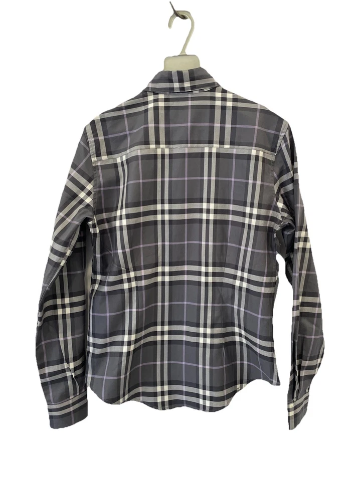 AS# Burberry London Women’s Check Dress Shirt Gray Purple Plaid 100% Cotton Sz S - Image 2 of 4
