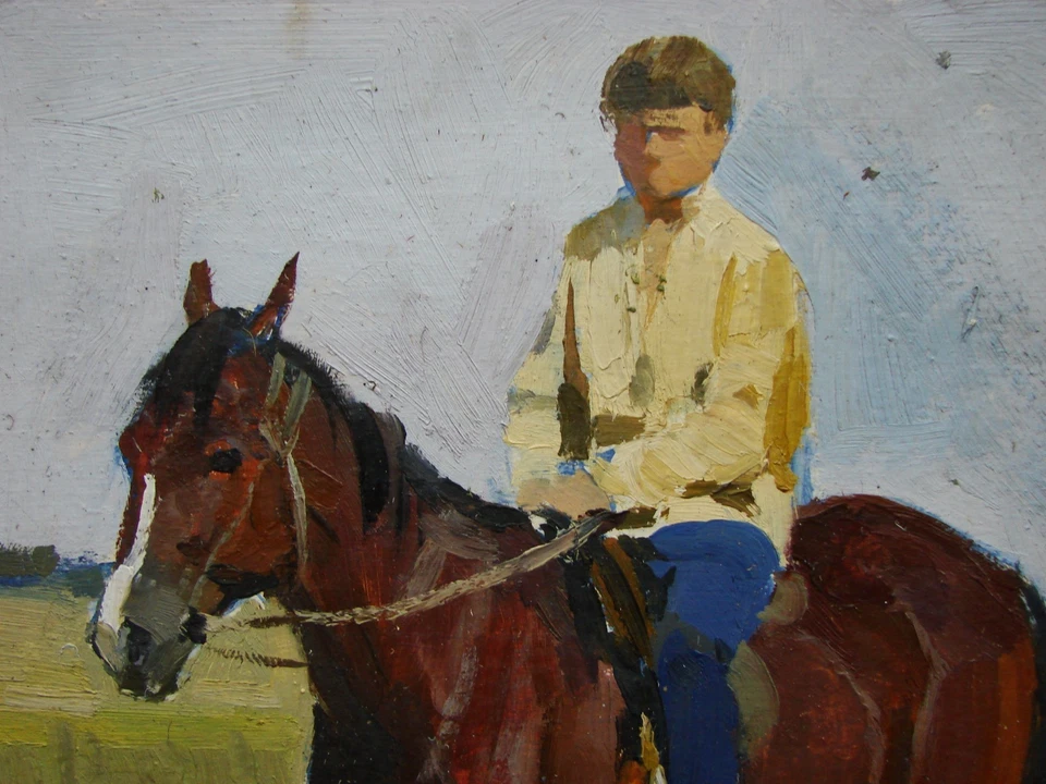 Ukrainian Soviet USSR Oil Painting impressionism realism young horseman rider - Image 3 of 4