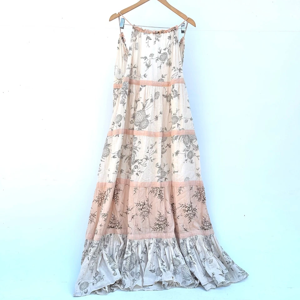 Maxi Vestido Ulla Johnson Goa En Niveles Largo Rosa Crema Natural Talla 12 Cottage Foto 4 de 4