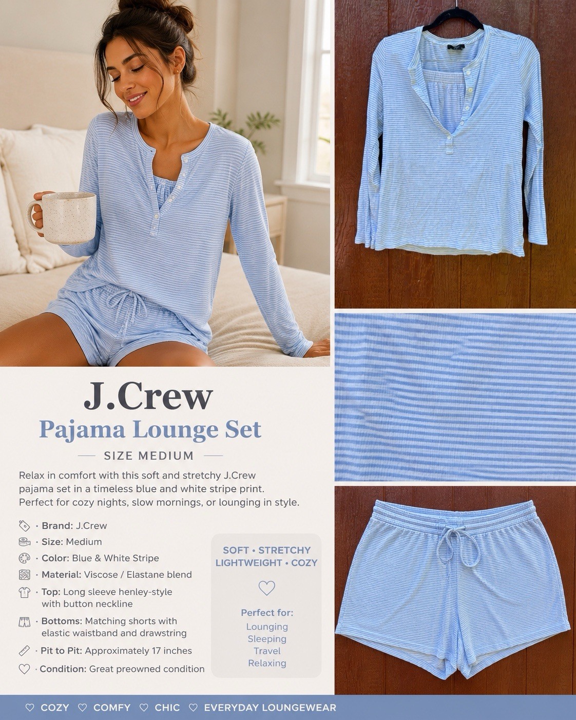 J.Crew Blue White Striped Pajama Lounge Set Size Medium Soft Viscose Stretch