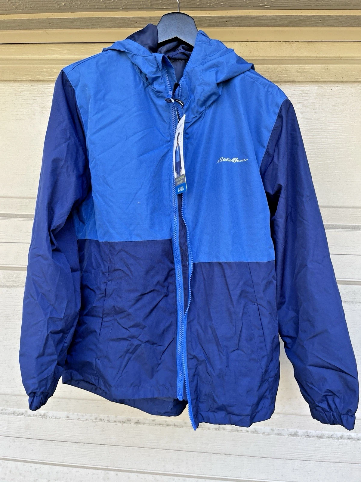 NWT Youth L 14/16 Blue Jacket Hooded Full Zip Lightweight Rain Coat Eddie Bauer