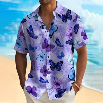 Purple Mens Hawaiian Shirt Butterfly Tropical Flower Print Casual Shirt