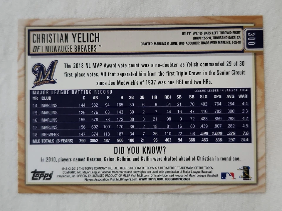 2019 Topps Big League Christian Yelich #300 Milwaukee Brewers - Image 2 of 2