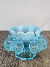 Blue Opalescent Glass Child's Mini Punch Bowl Set - Fan & Feather Punch Set-READ