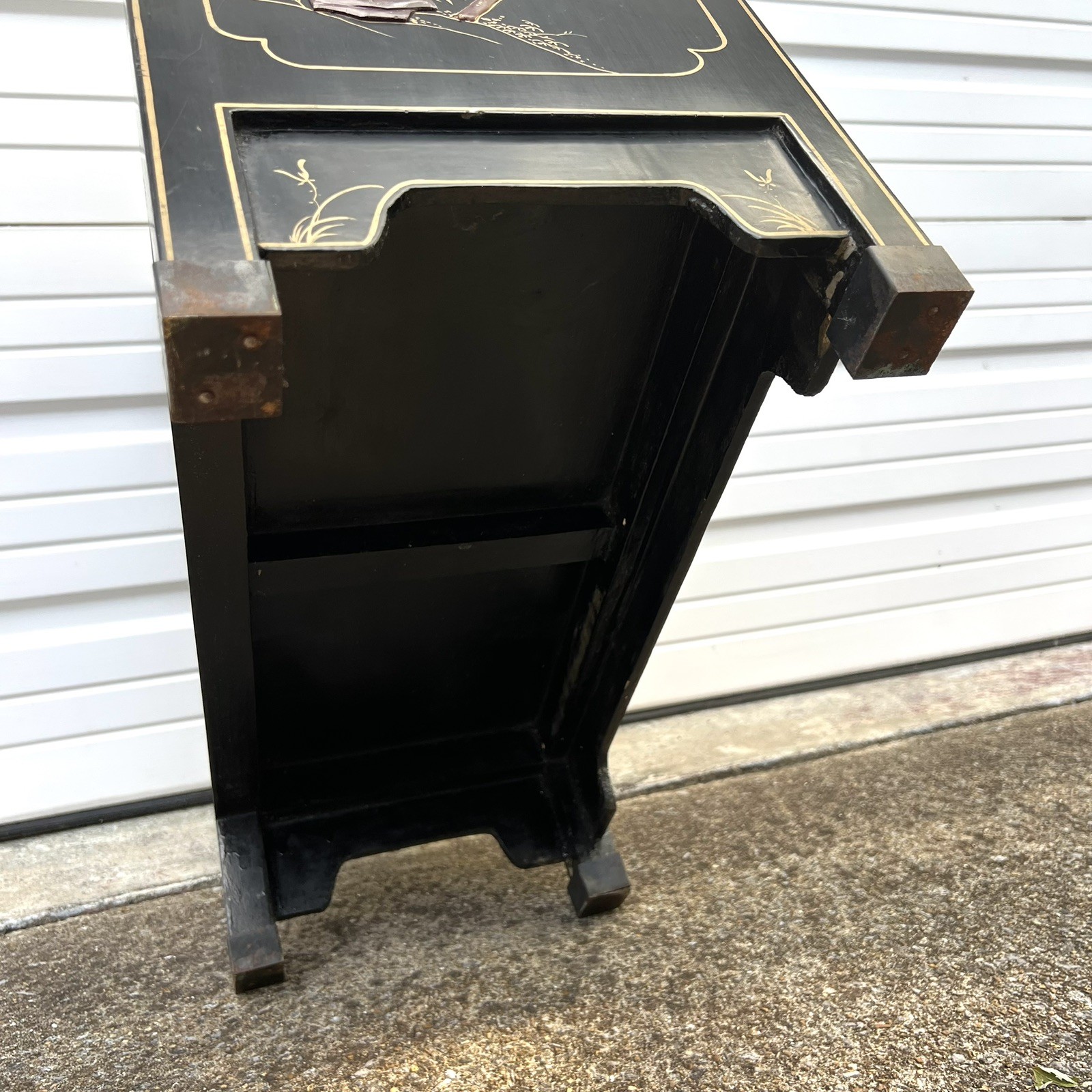 Chinese Black Lacquer Gold Hand Painted Cabinet Stone Relief Bird Flower MCM SEE