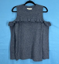 LOFT Ann Taylor BLUE Fuzzy Knit RUFFLED Cold Shoulder PULLOVER Cozy SWEATER Sz M
