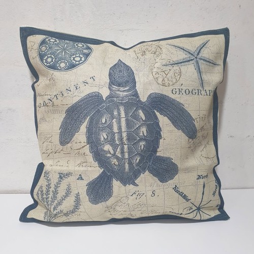Cushion Covers 45 x 45cm Set of Four Linen Sea Life Vintage Blue & Beige NEW - Picture 5 of 6