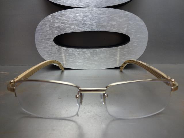 Mens CLASSY Style Clear Lens EYE GLASSES Gold & Wood Wooden Effect Fashion Frame