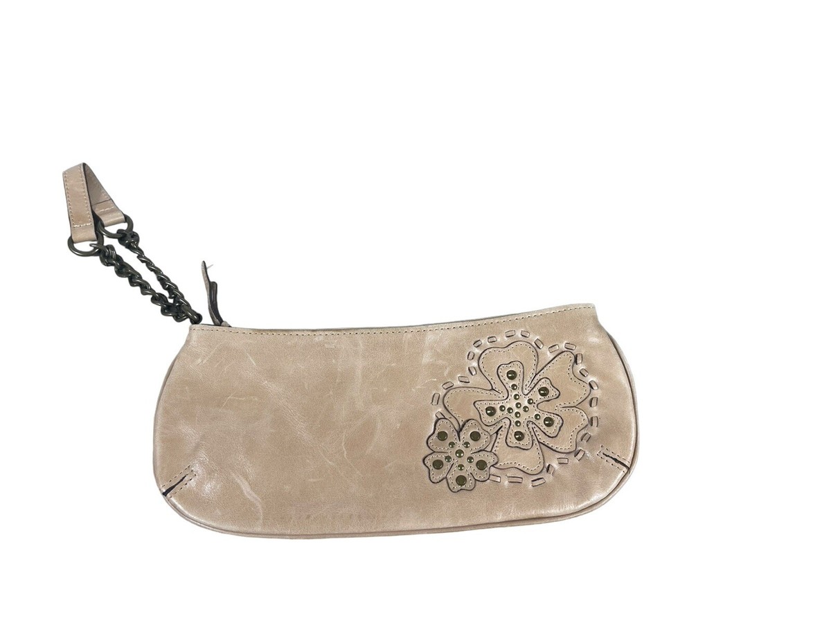 Fossil Tan Genuine Leather Boho Chained Flower Embroidered