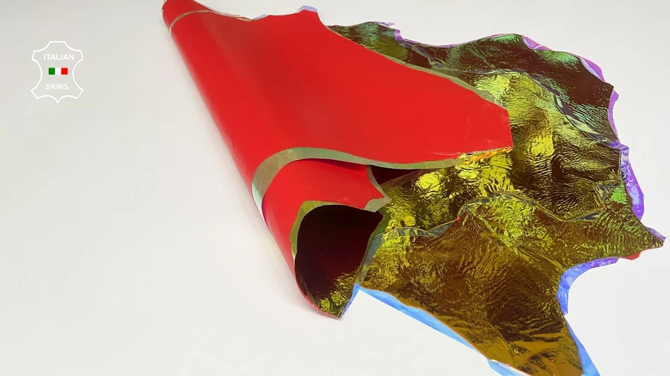 METALLIC HOLOGRAPHIC DOUBLE FACE ON RED Lamb leather 2 skins 12sqf 0.7mm #B8389 - Image 3 of 4