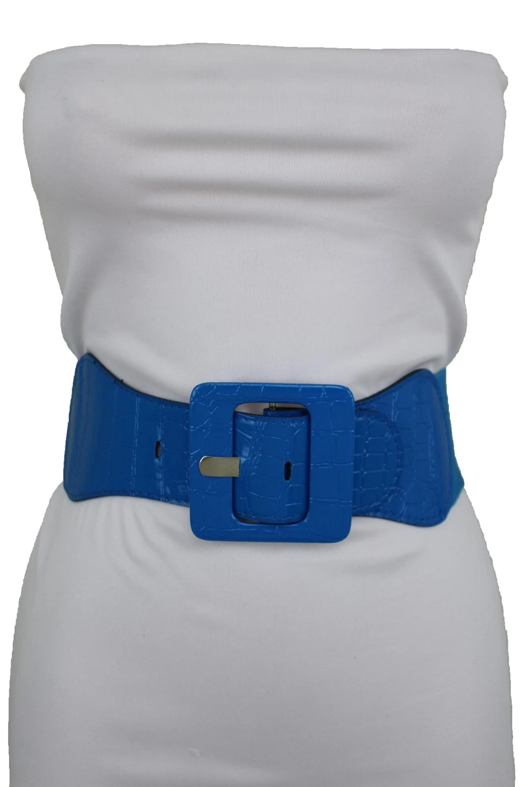 Women Casual Belt Wide Cobalt Sky Blue Color Elastic Square Buckle Fit Size S M
