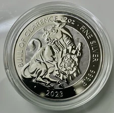 2023 Royal Tudor Beasts Bull of Clarence 2 oz Silver Coin in direct fit capsule