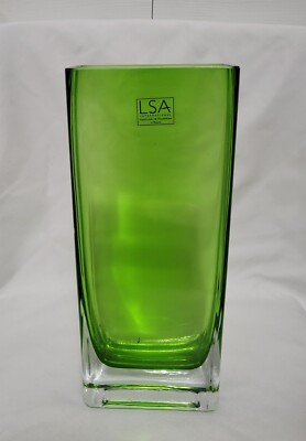 LSA International Green ArtGlass Rectangular Vase Mouthblown In Poland w/Sticker