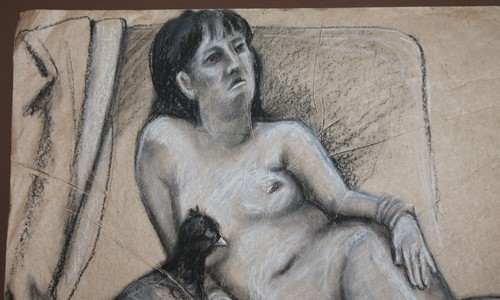 Vintage pastel / charcoal drawing nude woman bird portrait - Picture 6 of 10
