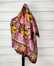 Square Silk Chiffon Scarf Floral Wine Yellow Pink Olive Green Hand Rolled