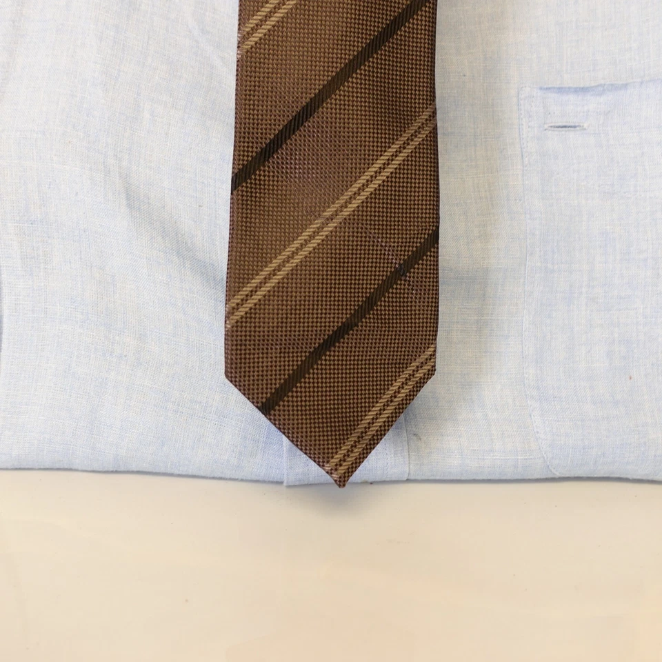 Skinny Tie Mens Black Brown Striped Textured Classic Necktie Suit ATELIER 365 - Image 4 of 4