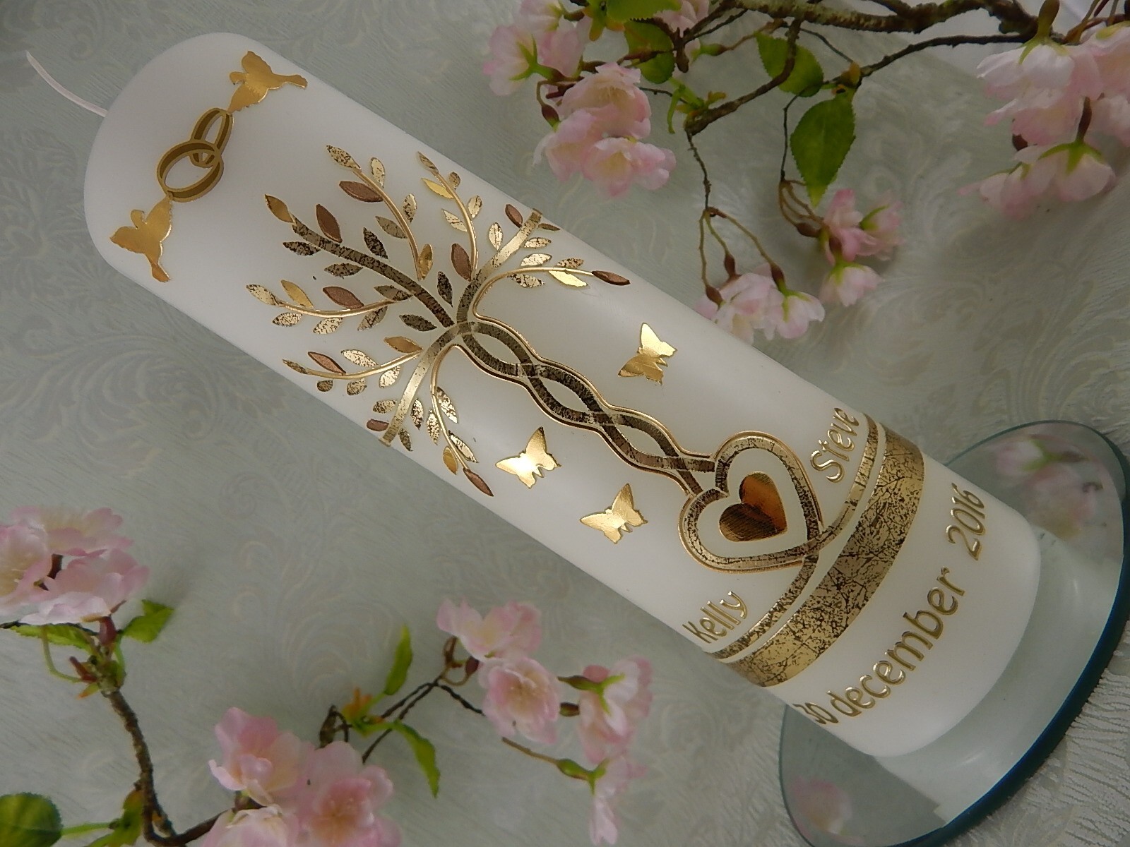 Kerze zur goldenen Hochzeit Hochzeitskerze Lebensbaum Herz Kerze 25x7 cm