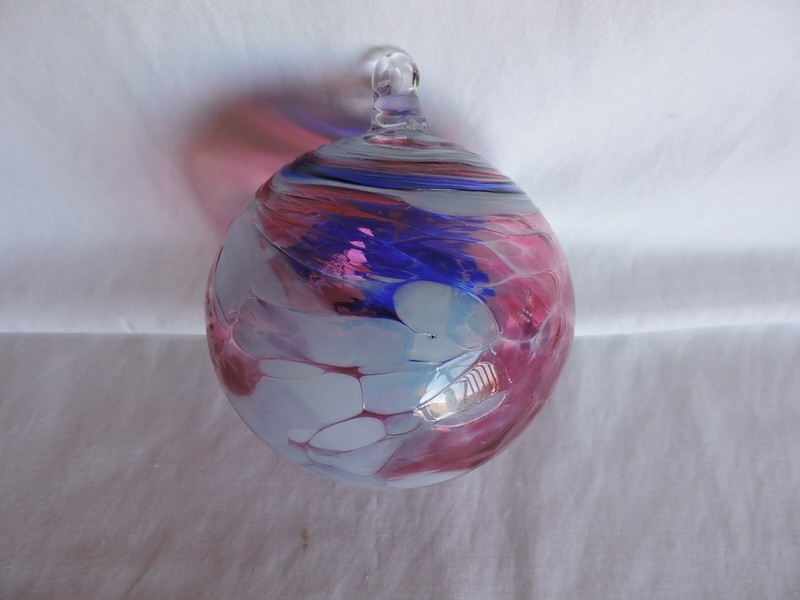 Hand Blown German Art Glass Ball Pink with Blue & White Splotched Swirl Design