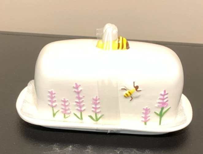 New The Spring Collection Ceramic Handpainted Covered Butter Dish Bee n Lavendar