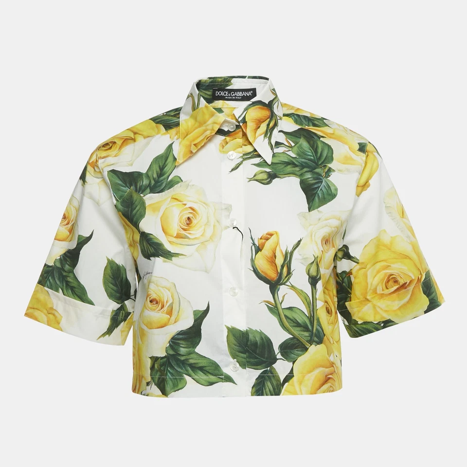 Dolce & Gabbana White Floral Print Cotton Cropped Shirt XS