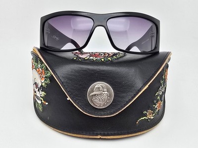 Ed Hardy EHS004 Black Rhinestone Frame Grey Gradient Lens Sunglasses w Case 63mm